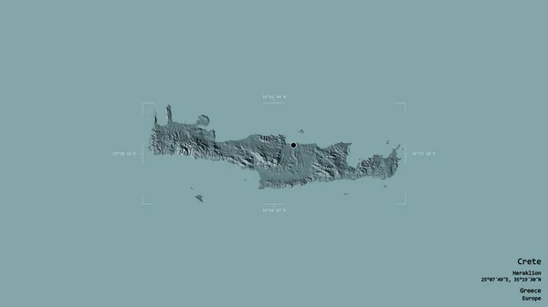 克里特岛的一个地区 分散管理的希腊 孤立在一个坚实的背景下在一个地理参考方块 彩色高程图 3D渲染 — 图库照片