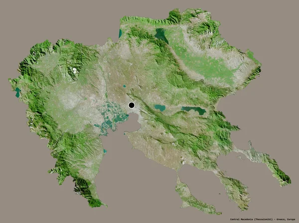 中央マケドニアの形 ギリシャの分散管理 その首都は 固体色の背景に隔離されました 衛星画像 3Dレンダリング — ストック写真