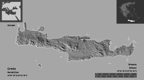 克里特岛的形状 希腊的分权管理及其首都 距离刻度 预览和标签 Bilevel高程图 3D渲染 — 图库照片