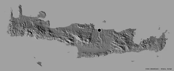 クレタ島の形 ギリシャの分散管理 その首都は 固体色の背景に隔離されました 標高マップ 3Dレンダリング — ストック写真