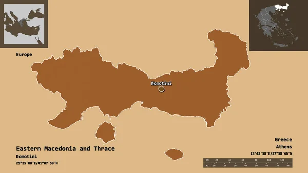 東マケドニアとトラキアの形状 ギリシャの分散管理 その首都 距離スケール プレビューおよびラベル パターン化されたテクスチャの構成 3Dレンダリング — ストック写真