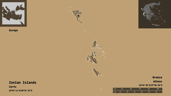 イオニア諸島の形状 ギリシャの分散管理 およびその首都 距離スケール プレビューおよびラベル 色の標高マップ 3Dレンダリング — ストック写真