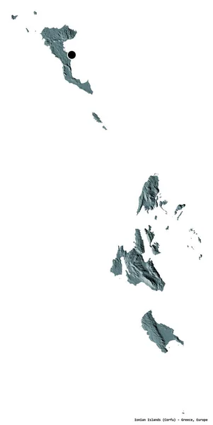 爱奥尼亚群岛的形状 希腊行政权力分散 其首都因白人背景而孤立 彩色高程图 3D渲染 — 图库照片