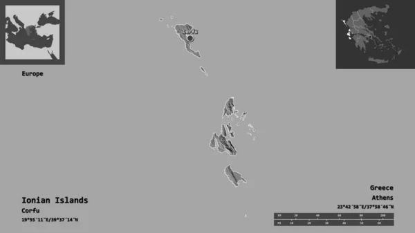 爱奥尼亚群岛的形状 希腊的分权管理及其首都 距离刻度 预览和标签 Bilevel高程图 3D渲染 — 图库照片