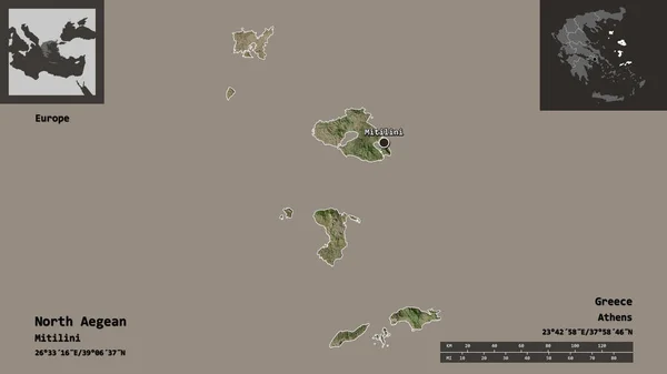 北爱琴海的形状 希腊的分权管理 及其首都 距离刻度 预览和标签 卫星图像 3D渲染 — 图库照片