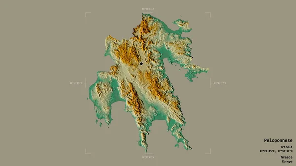伯罗奔尼撒地区 分散的希腊行政区划 在一个地理参考方块中的坚实背景下被隔离 地形浮雕图 3D渲染 — 图库照片