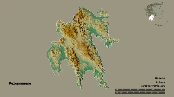 ペロポネソスの形状 ギリシャの分散管理 その資本はしっかりとした背景に隔離されています 距離スケール リージョンプレビュー およびラベル 地形図 3Dレンダリング — ストック写真