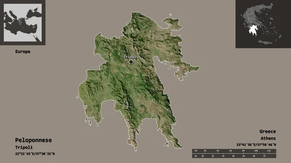 Formen För Peloponnesos Decentraliserad Förvaltning Grekland Och Dess Huvudstad Avståndsskala — Stockfoto