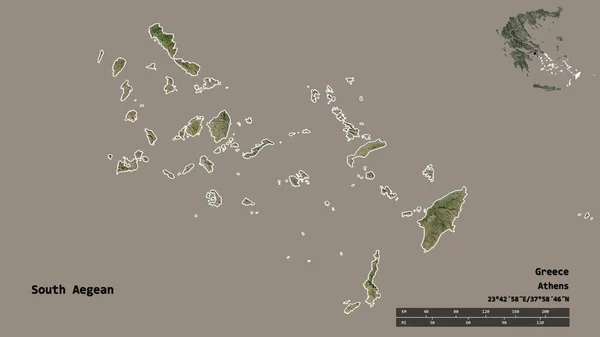 南爱琴海的形状 希腊的分权管理 其首都在坚实的背景下被孤立 距离尺度 区域预览和标签 卫星图像 3D渲染 — 图库照片