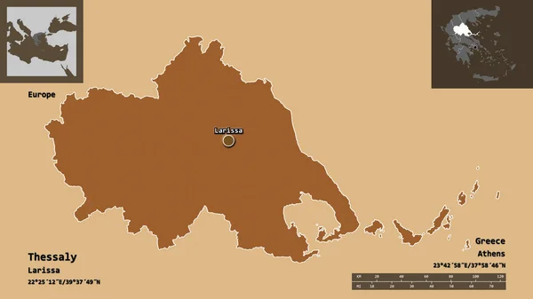 Formen För Thessalien Decentraliserad Förvaltning Grekland Och Dess Huvudstad Avståndsskala — Stockfoto