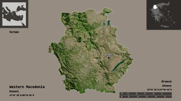 Shape of Western Macedonia, decentralized administration of Greece, and its capital. Distance scale, previews and labels. Satellite imagery. 3D rendering