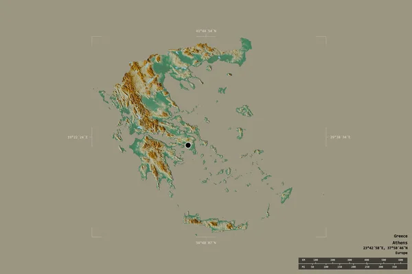 ギリシャの地域は 洗練された境界の箱の中の強固な背景に隔離されました 主な地域部門 距離スケール ラベル 地形図 3Dレンダリング — ストック写真