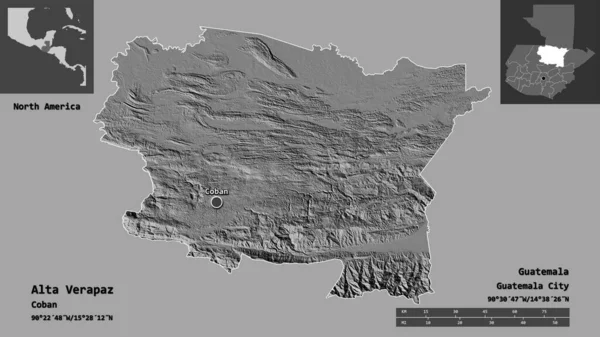 グアテマラのアルタ ベラパズ県とその首都の形 距離スケール プレビューおよびラベル 標高マップ 3Dレンダリング — ストック写真