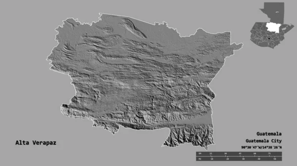 危地马拉省Alta Verapaz的形状 其首都在坚实的背景下与世隔绝 距离尺度 区域预览和标签 Bilevel高程图 3D渲染 — 图库照片