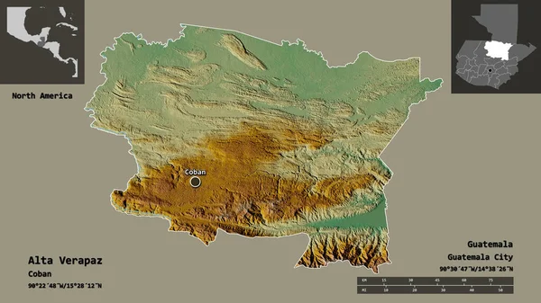 Guatemala Bölümü 'nden Alta Verapaz ve başkenti. Uzaklık ölçeği, ön gösterimler ve etiketler. Topografik yardım haritası. 3B görüntüleme