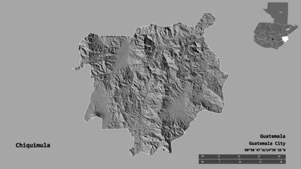 グアテマラのチキムラ県の形で その首都はしっかりとした背景に隔離されています 距離スケール リージョンプレビュー およびラベル 標高マップ 3Dレンダリング — ストック写真
