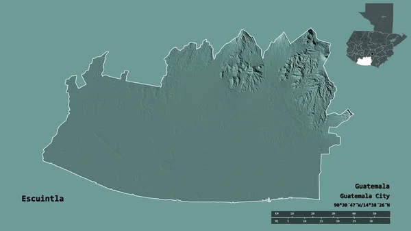 グアテマラの首都エスクイントラの形は しっかりとした背景に隔離されています 距離スケール リージョンプレビュー およびラベル 色の標高マップ 3Dレンダリング — ストック写真