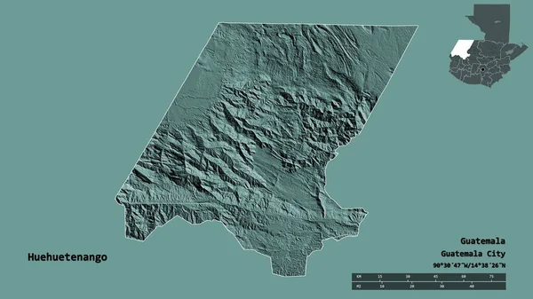 Huehuetenango 'nun şekli, Guatemala departmanı, sermayesi sağlam arka planda izole edilmiş. Uzaklık ölçeği, bölge önizlemesi ve etiketleri. Renkli yükseklik haritası. 3B görüntüleme