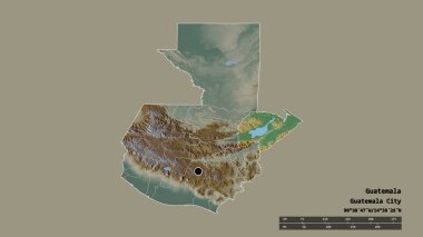 Başkenti, ana bölgesel bölümü ve ayrı Izabal bölgesi ile Guatemala 'nın dejenere edilmiş şekli. Etiketler. Topografik yardım haritası. 3B görüntüleme