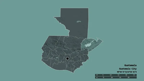 危地马拉以首都 主要区域分部和分离的Izabal地区为首都的绝望状态 彩色高程图 3D渲染 — 图库照片