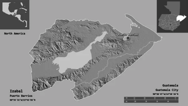 Form Izabal Departementet Guatemala Och Dess Huvudstad Avståndsskala Förhandsvisningar Och — Stockfoto