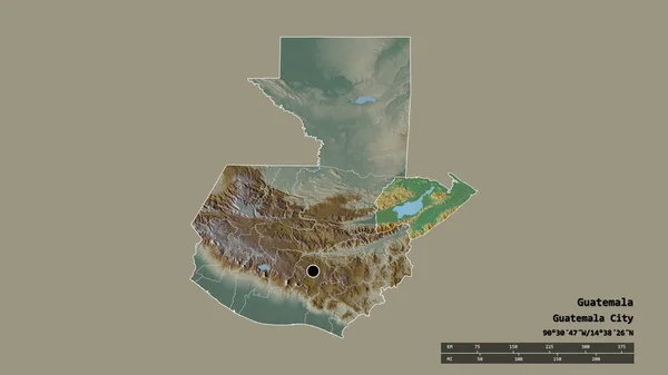 危地马拉以首都 主要区域分部和分离的Izabal地区为首都的绝望状态 地形浮雕图 3D渲染 — 图库照片