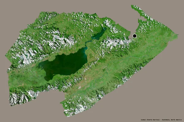 危地马拉省Izabal的形状 其首都用纯色背景隔开 卫星图像 3D渲染 — 图库照片