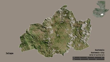 Jalapa 'nın şekli, Guatemala departmanı, sermayesi sağlam arka planda izole edilmiş. Uzaklık ölçeği, bölge önizlemesi ve etiketleri. Uydu görüntüleri. 3B görüntüleme