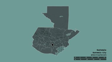 Başkenti, ana bölgesel bölümü ve ayrılmış Jutiapa bölgesi ile Guatemala 'nın dejenere edilmiş şekli. Etiketler. Renkli yükseklik haritası. 3B görüntüleme