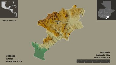 Jutiapa Şekli, Guatemala Departmanı ve başkenti. Uzaklık ölçeği, ön gösterimler ve etiketler. Topografik yardım haritası. 3B görüntüleme
