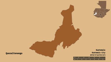 Quezaltenango 'nun şekli, Guatemala departmanı, sermayesi sağlam arka planda izole edilmiş. Uzaklık ölçeği, bölge önizlemesi ve etiketleri. Desenli dokuların bileşimi. 3B görüntüleme