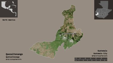 Quezaltenango Şekli, Guatemala Bölümü ve başkenti. Uzaklık ölçeği, ön gösterimler ve etiketler. Uydu görüntüleri. 3B görüntüleme