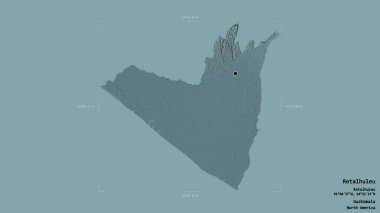 Retalhuleu bölgesi, Guatemala departmanı, sağlam bir arka planda izole edilmiş bir sınır kutusunda. Etiketler. Renkli yükseklik haritası. 3B görüntüleme