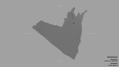 Retalhuleu bölgesi, Guatemala departmanı, sağlam bir arka planda izole edilmiş bir sınır kutusunda. Etiketler. Çift seviyeli yükseklik haritası. 3B görüntüleme