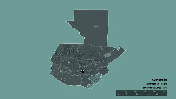 主要な地域部門と分離したJutiapa地域とグアテマラの荒廃した形 ラベル 色の標高マップ 3Dレンダリング — ストック写真