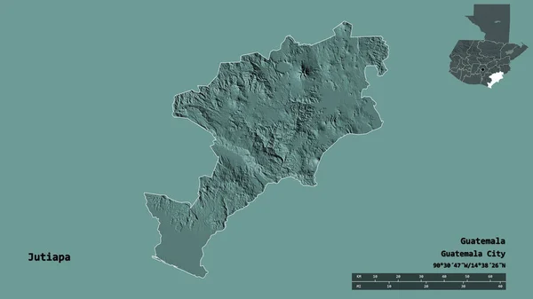グアテマラの首都ジュティアパの形は しっかりとした背景に隔離されています 距離スケール リージョンプレビュー およびラベル 色の標高マップ 3Dレンダリング — ストック写真