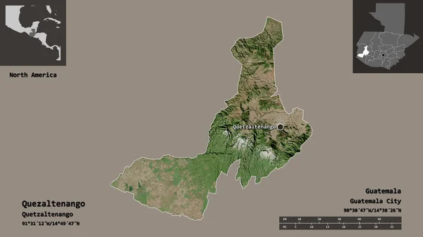 危地马拉省Quezaltenango的形状及其首都 距离刻度 预览和标签 卫星图像 3D渲染 — 图库照片