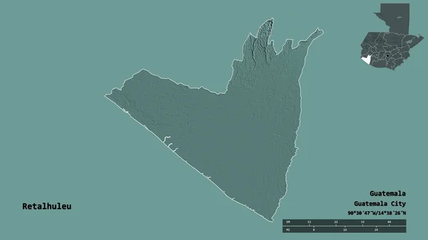 グアテマラの首都レタルフルの形は しっかりとした背景に隔離されています 距離スケール リージョンプレビュー およびラベル 色の標高マップ 3Dレンダリング — ストック写真