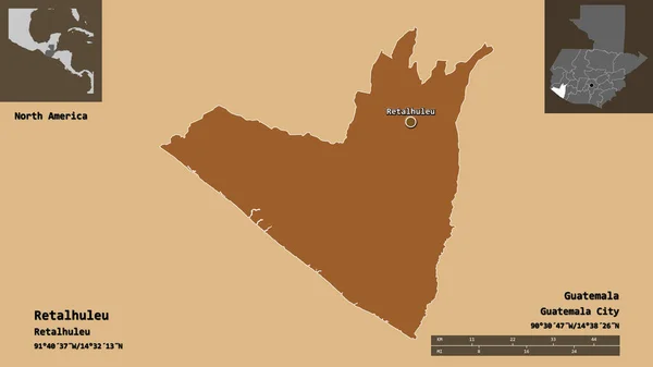 Form Retalhuleu Departementet Guatemala Och Dess Huvudstad Avståndsskala Förhandsvisningar Och — Stockfoto