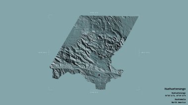 Huehuetenango bölgesi, Guatemala departmanı, sağlam bir arka planda izole edilmiş bir sınır kutusunda. Etiketler. Renkli yükseklik haritası. 3B görüntüleme
