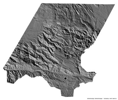 Guatemala 'nın başkenti Huehuetenango' nun beyaz arka planda izole edilmiş hali. Çift seviyeli yükseklik haritası. 3B görüntüleme