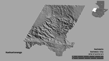 Huehuetenango 'nun şekli, Guatemala departmanı, sermayesi sağlam arka planda izole edilmiş. Uzaklık ölçeği, bölge önizlemesi ve etiketleri. Çift seviyeli yükseklik haritası. 3B görüntüleme