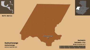 Huehuetenango 'nun şekli, Guatemala Bölümü ve başkenti. Uzaklık ölçeği, ön gösterimler ve etiketler. Desenli dokuların bileşimi. 3B görüntüleme