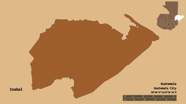 Izabal 'ın şekli, Guatemala departmanı, sermayesi sağlam arka planda izole edilmiş. Uzaklık ölçeği, bölge önizlemesi ve etiketleri. Desenli dokuların bileşimi. 3B görüntüleme