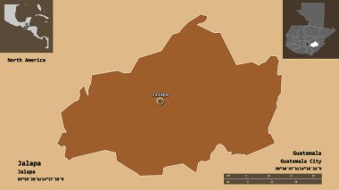Jalapa 'nın şekli, Guatemala Bölümü ve başkenti. Uzaklık ölçeği, ön gösterimler ve etiketler. Desenli dokuların bileşimi. 3B görüntüleme