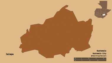 Jalapa 'nın şekli, Guatemala departmanı, sermayesi sağlam arka planda izole edilmiş. Uzaklık ölçeği, bölge önizlemesi ve etiketleri. Desenli dokuların bileşimi. 3B görüntüleme