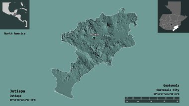 Jutiapa Şekli, Guatemala Departmanı ve başkenti. Uzaklık ölçeği, ön gösterimler ve etiketler. Renkli yükseklik haritası. 3B görüntüleme
