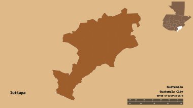 Jutiapa 'nın şekli, Guatemala Bölümü, sermayesi sağlam arka planda izole edilmiş. Uzaklık ölçeği, bölge önizlemesi ve etiketleri. Desenli dokuların bileşimi. 3B görüntüleme