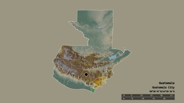 Başkenti, ana bölgesel bölümü ve ayrılmış Jutiapa bölgesi ile Guatemala 'nın dejenere edilmiş şekli. Etiketler. Topografik yardım haritası. 3B görüntüleme