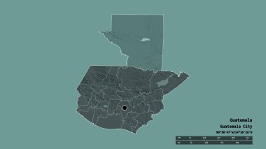 Başkenti, ana bölgesel bölümü ve ayrılmış Peten bölgesi ile Guatemala 'nın dejenere edilmiş şekli. Etiketler. Renkli yükseklik haritası. 3B görüntüleme